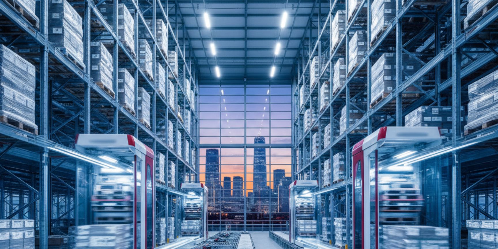 Ein modernes, hochautomatisiertes Hochregallager mit zwei futuristischen Regalbediengeräten, die sich schnell durch einen Gang voller Paletten bewegen. Im Hintergrund ist durch ein großes Fenster eine Stadt-Skyline bei Sonnenuntergang zu sehen. Die Beleuchtung ist kühl und technisch, was die Effizienz und Präzision der Intralogistik unterstreicht.